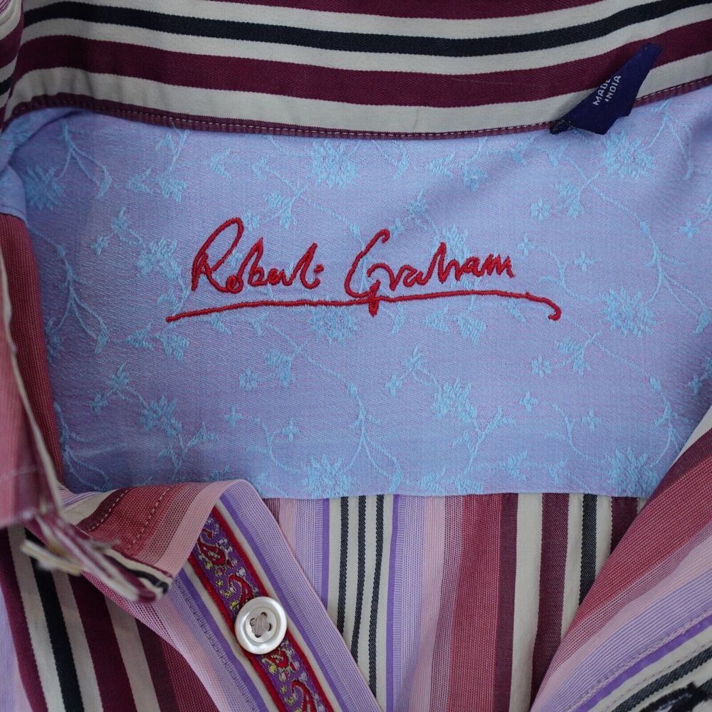 Robert Graham Shirt Men's XL Multicolor Striped Button Up Floral Flip Cuff - Picture 5 of 14